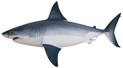 Fototapeta premium Great white shark with sharp teeth and dark fins, isolated on transparent background