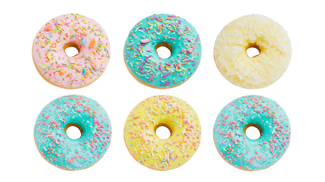 Assortment of colorful frosted donuts with sprinkles, isolated on transparent background