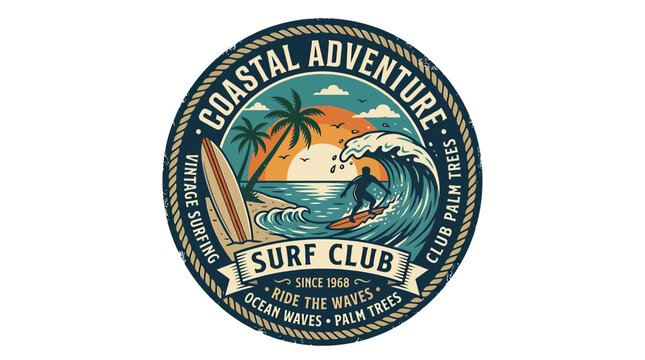 Vintage Surf Club Emblem with Surfer Riding Wave at Sunset, Palm Trees