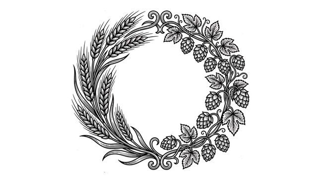 Wreath of Wheat and Hops - Hand-drawn Botanical Circle Design