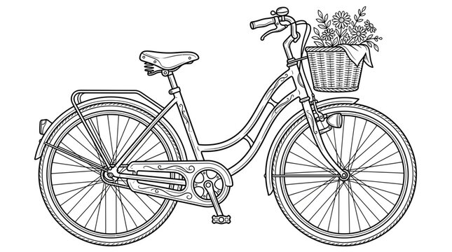 Vintage Bicycle with Flower Basket - Line Art Illustration