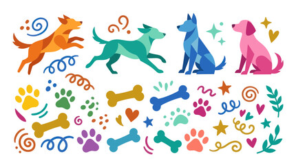 Playful colorful dog illustrations with paw prints and bones. © ahmad