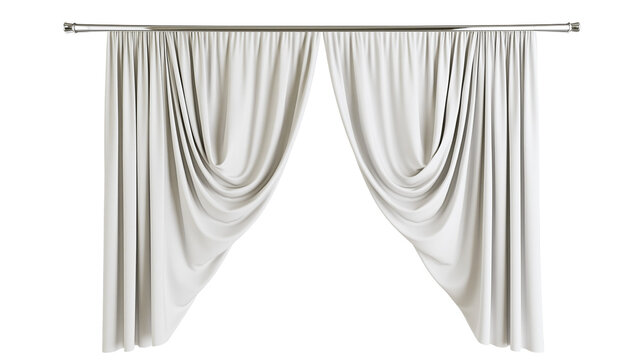 Draped light grey fabric curtains on a silver rod, isolated on transparent background