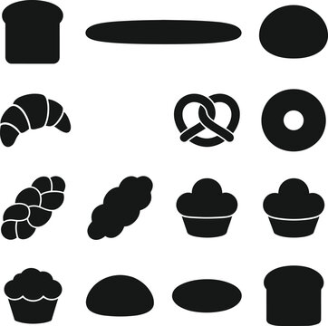 Collection of bakery and bread icons showing various shapes including loaves baguettes croissant pretzel donut braided bread muffins and buns on transparent base.