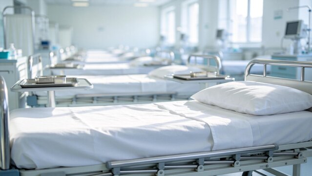 Rows of empty hospital beds in a ward