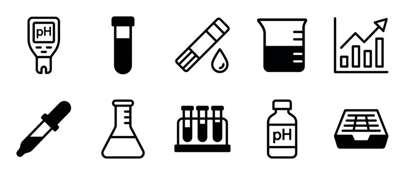 Set of black science laboratory icons showing a pH meter, test tube, beaker, flask, dropper, and other chemistry research equipment in a simple glyph style