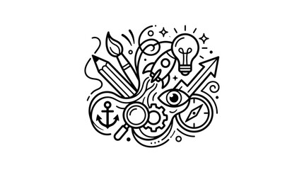 Creative Idea Generation: Rocket, Lightbulb, Pencil, Magnifying Glass, Anchor, Compass © wowo