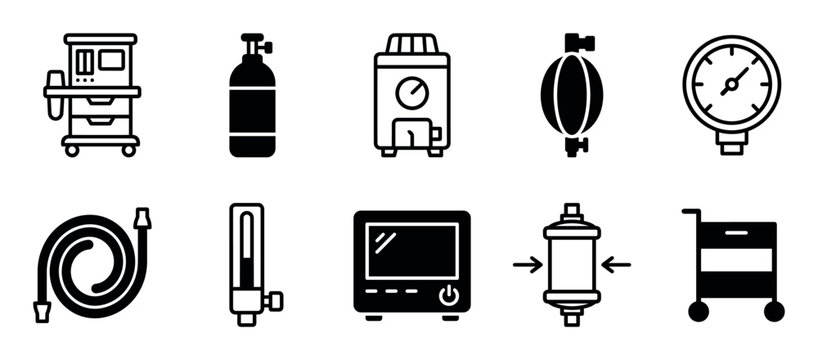Set of ten black medical icons representing respiratory therapy equipment like a ventilator, oxygen cylinder, manual resuscitator, and pressure gauge in a clean glyph style