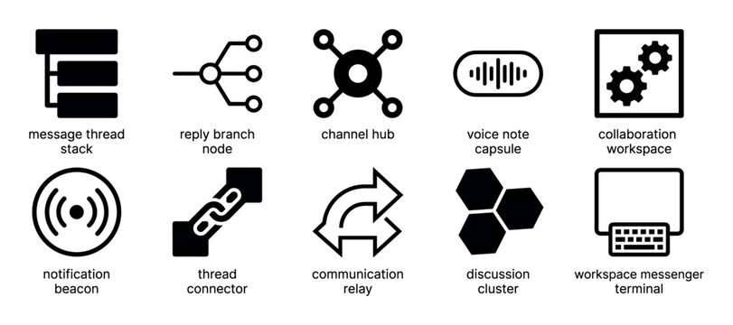 Set of ten black communication icons for user interface design, featuring message thread, reply branch, and collaboration workspace symbols in a minimalist glyph style