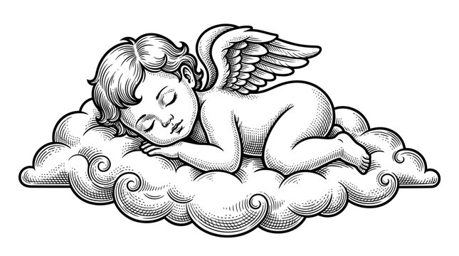 Cherub Sleeping on Cloud, Vintage Engraving Style