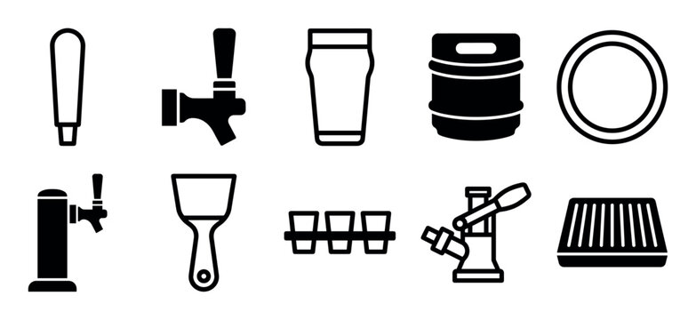 Set of black beer brewing icons including a keg, tap, pint glass, dispenser, and other equipment for a pub, bar, or brewery, presented in a simple glyph style
