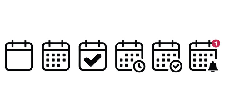 Calendar icon set featuring various dates schedules checkmarks time indicators and notifications