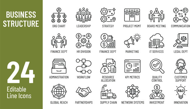 Business structure icons illustrate organizational charts and professional workflows for corporate presentations.