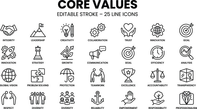 Core values icons display symbolic representations of integrity, leadership, and teamwork in a professional setting.