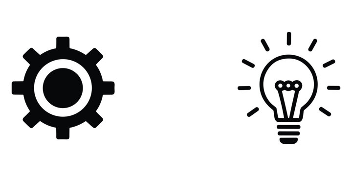 Black industrial gear and lightbulb icons representing technical engineering and creative thinking