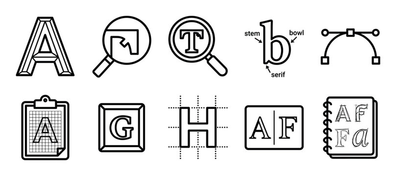 Collection of ten minimalist typography icons showing font anatomy, kerning, vector tools, and the creative process of typeface design in a simple line art style