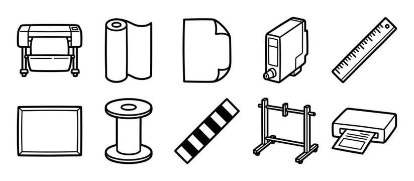 Collection of printing and publishing icons in a simple black outline style, featuring a large format plotter, paper roll, ink cartridge, spool, and other equipment