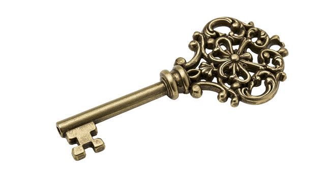 Antique ornate brass skeleton key with decorative bow, isolated on transparent background
