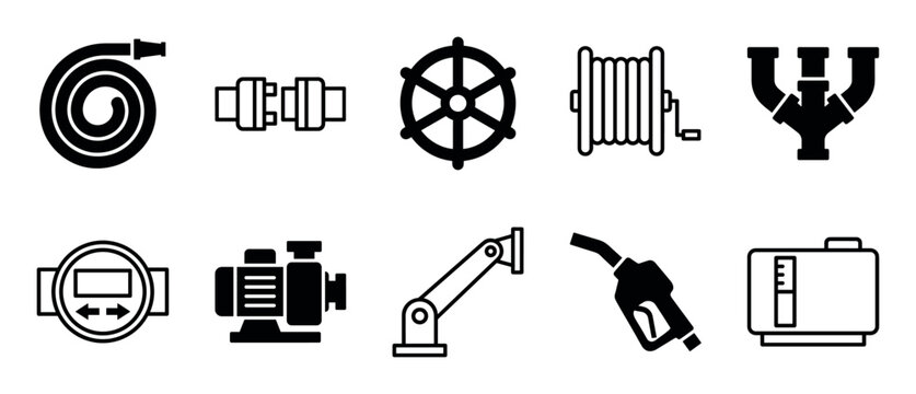 Collection of black glyph icons representing plumbing and fuel system equipment including a hose, pump, nozzle, valve, pipe fitting, and meter for industrial concepts