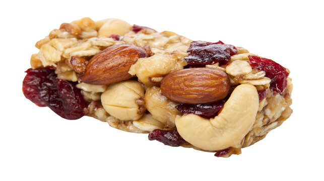 Hearty granola bar with almonds cashews and dried cranberries, isolated on transparent background