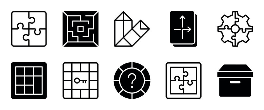 Set of ten black glyph icons representing puzzles, games, and problem-solving concepts, including a jigsaw, maze, key, gear, and question mark in a clean, minimalist design