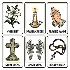 Obraz premium Religious and funeral symbols, a lily, candle, hands, cross, wings, and rosary