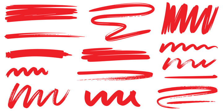 Collection of various hand drawn red paint strokes for highlight or underline text box element set