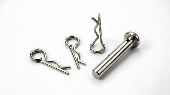 Assorted metal cotter pins and a clevis pin arranged on a bright white backdrop with soft studio lighting