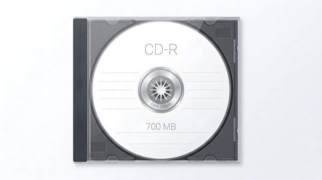 Blank CD-R disc in clear jewel case against white background with subtle studio lighting