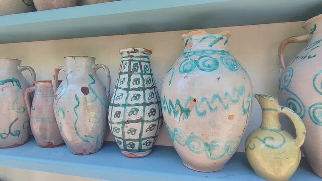 Traditional painted clay wine pitchers and ancient ceramic jugs with green ornaments displayed on blue wooden shelf, authentic handicraft souvenir culture.