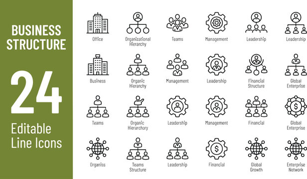 Organization structure icons are organized in a clean layout to represent corporate hierarchy and management.