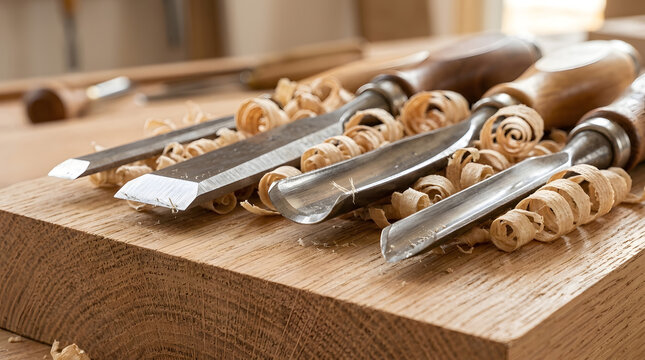 Sharp Woodcarving Chisels and Gouges with Wood Shavings
