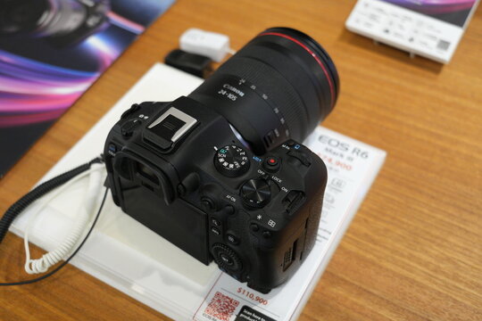 A Canon EOS R6 Mark III camera on a store display.