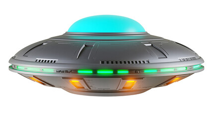 Futuristic metallic flying saucer with glowing cyan dome and green lights, isolated on transparent background © VSTOCK