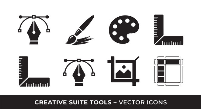 Premium black and white silhouette vector design tools icon collection with pen tool, brush, palette, ruler, vector point, crop, and layout symbols, creative software style