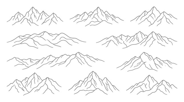Collection of hand drawn mountain range silhouettes featuring clean black lines on a white background