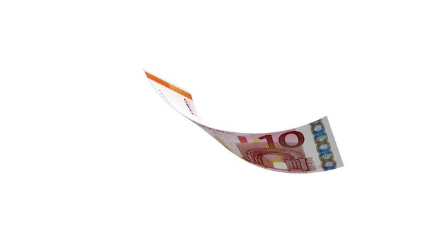 A 10 euro banknote floats and gently flips in midair against a clean white background, showing both sides as it bends and rotates in a simple 3D render, 3D animation