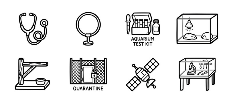 Set of eight black line art icons featuring a stethoscope, terrarium, satellite, and microscope in a simple hand-drawn doodle style for various design concepts