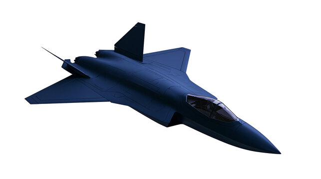 Dark blue stealth fighter jet with sharp angles, isolated on transparent background