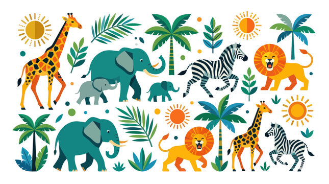 Safari animals set with giraffe elephant lion and zebra