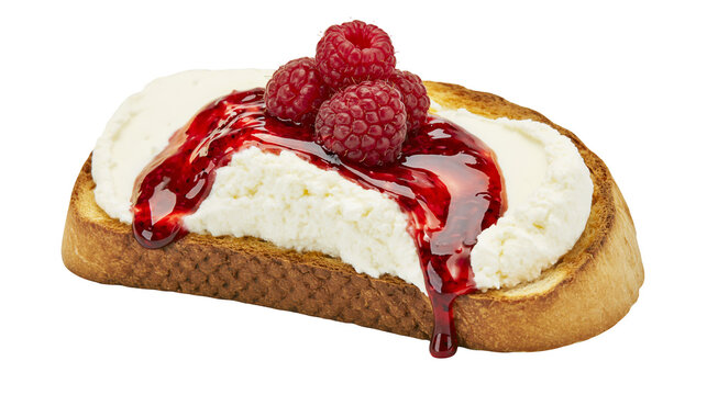 Toasted bread slice with cream cheese raspberry jam and fresh raspberries, isolated on transparent background