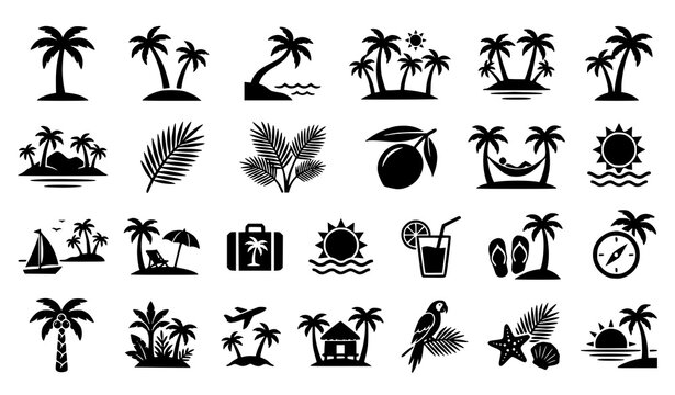 Tropical Island Palm Tree Beach Vacation Travel Hand Drawn Outline Vector Icon Collection Set