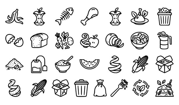 Food Waste Recycling Compost and Organic Kitchen Scrap Hand Drawn Vector Icon Collection Set