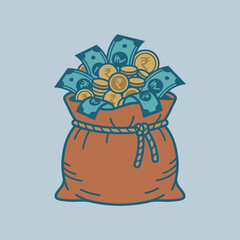 A brown sack filled with paper money and gold coins © tiara