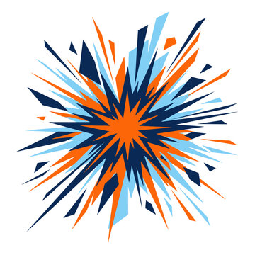 An abstract geometric explosion bursts with orange and blue shards