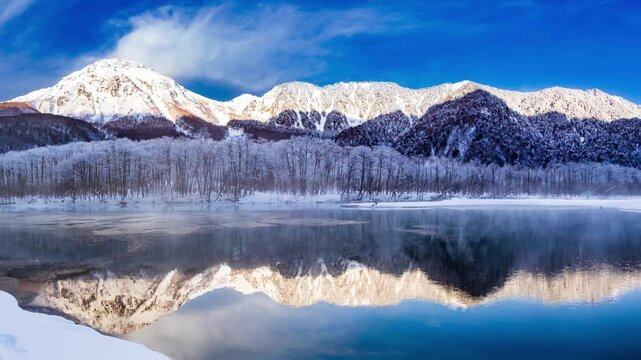 厳冬の上高地大正池に映る雪の穂高連峰パノラマ&rArr;右方向スライド動画