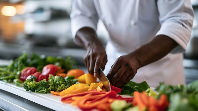 A person wearing a white chef s coat is slicing fresh colorful vegetables on a clean cutting board