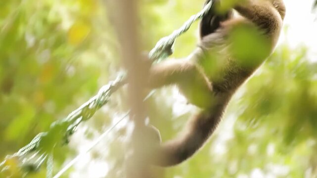 A monkey is climbing up a tree.