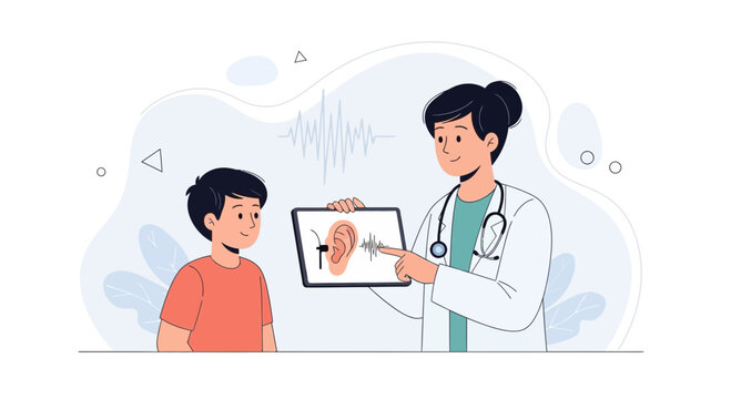 Doctor explains ear health and hearing test results to child on tablet, showing audiogram waveform.