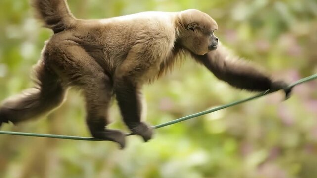 Three woolly monkeys traverse a wooden bridge in a lush forest environment